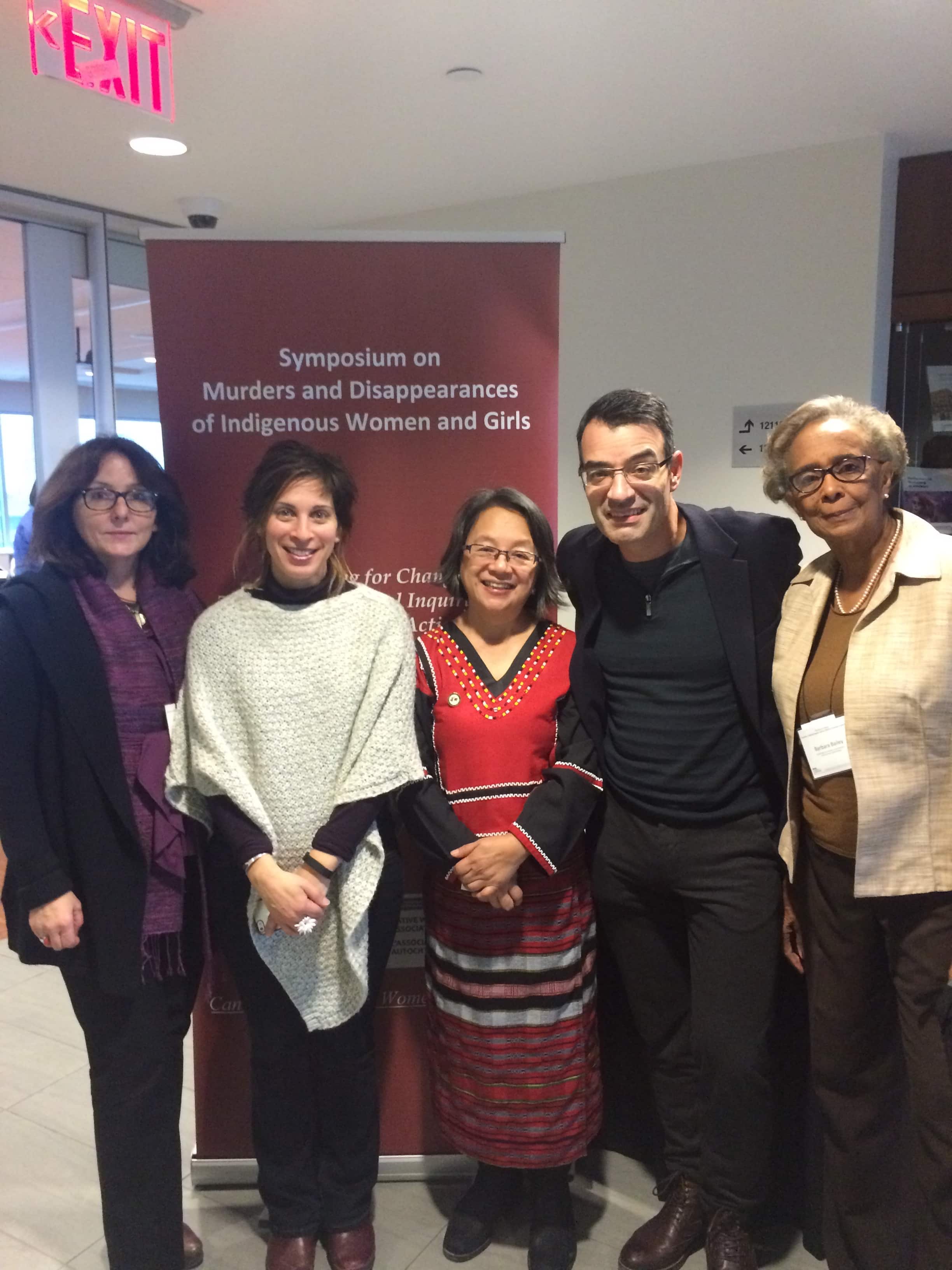 United Nations and Inter-American Commission representatives at the Symposium, "Planning for Change: Towards a National Inquiry and An Effective National Action Plan", Ottawa, January 30-31, 2016. Left to right: UN Special Rapporteur on violence against women, its causes and consequences, Dubravka Šimonović; UN Special Rapporteur on the right to adequate housing, Leilani Farha; UN Special Rapporteur on the rights of Indigenous peoples, Victoria Tauli-Corpuz; Chair of the Inter-American Commission on Human Rights and Rapporteur for Canada, James Cavallaro; and Vice-Chair of the UN Committee on the Elimination of Discrimination against Women (CEDAW), Barbara Bailey (absent: Member of the CEDAW Committee and Chair of the Working Group on Follow-up to Inquiries, Ruth Halperin-Kaddari). (Photo Credit: Lara Koerner Yeo)