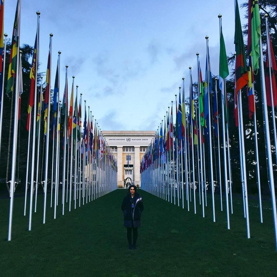 Rona Ghanbari outside of the United Nations Headquarters in Geneva, Switzerland - March 2016. (Photo credit: Rona Ghanbari)